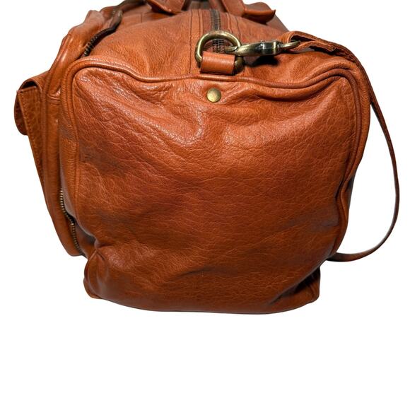 Free People Cognac Leather Duffle Bag Weekender Boho Rustic Travel Overnight - Picture 6 of 9